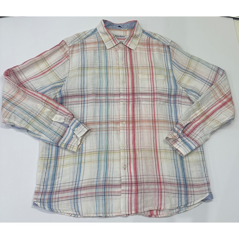 Tommy Bahama Mens Large 100% Linen Long Sleeve Plaid Button Up Shirt Multi-Color